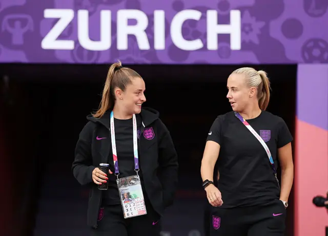 Ella Toone and Beth Mead of England arrive at the stadium prior to the UEFA Women's EURO 2025 Group D match between England and Netherlands at Stadion Letzigrund on July 09, 2025 in Zurich, Switzerland.