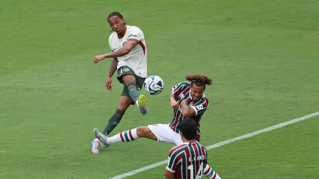 Joao Pedro of Chelsea FC scores his team's first goal during the FIFA Club World Cup 2025 semi-final match between Fluminense FC and Chelsea FC at MetLife Stadium