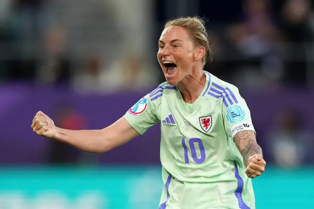 Jess Fishlock of Wales celebrates scoring her team's first goal after the VAR reviewed the on-field decision to disallow the goal before overturning and awarding the goal during the UEFA Womens EURO 2025 Group D match between France and Wales at Arena St. Gallen on July 09, 2025 in St Gallen, Switzerland. (Photo by Alex Caparros - UEFA/UEFA via Getty Images)