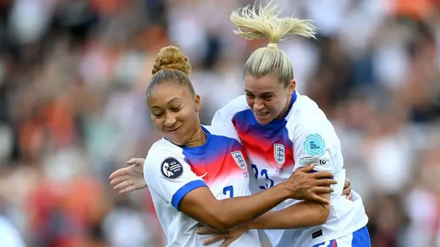 Lauren James of England celebrates with teammate Alessia Russo