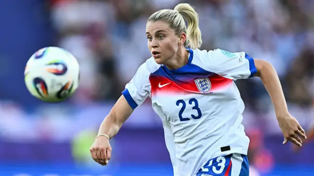 England's forward #23 Alessia Russo eyes the ball during the UEFA Women's Euro 2025 Group D football match between England and The Netherlands