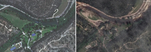 Satellite imagery showing Camp Mystic before the flood (left) and after (right)