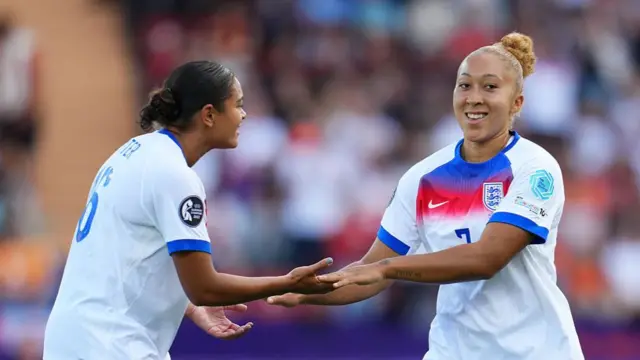 Lauren James of England celebrates with teammate Jessica Carter