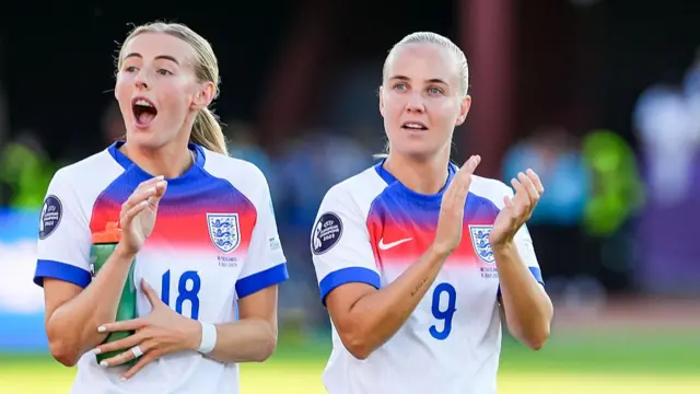 Chloe Kelly of England (L) and Beth Mead of England (R) thank the fans