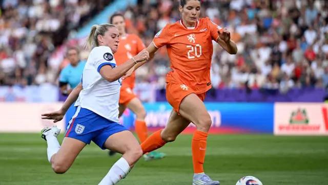 Dominique Janssen of the Netherlands is challenged by Alessia Russo of England