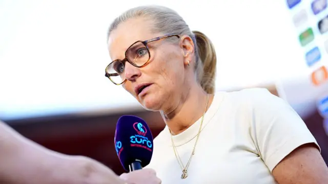 Sarina Wiegman, Head Coach of England, speaks to the media