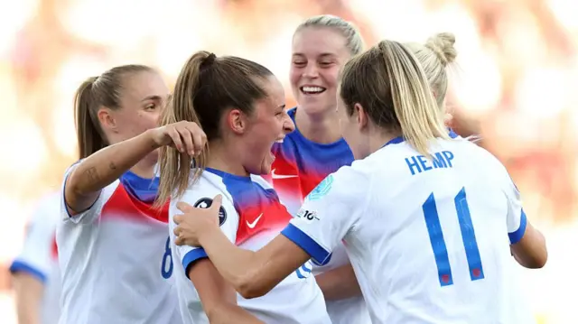 Ella Toone of England celebrates with teammates Georgia Stanway, Alessia Russo, Alex Greenwood and Lauren Hemp after scoring her team's fourth goal