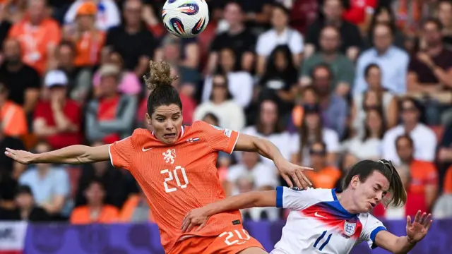 Netherlands' defender #20 Dominique Janssen and England's forward #11 Lauren Hemp fights for the ball