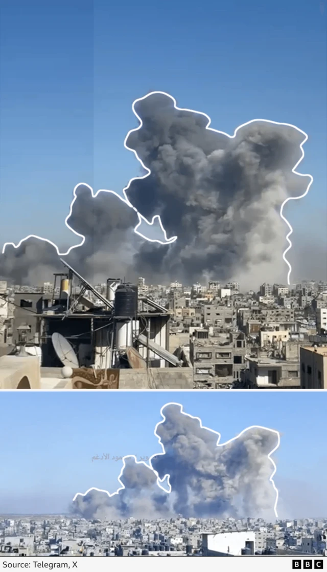 An annotated image showing the smoke plume over Gaza from two different angles and how we compatre them
