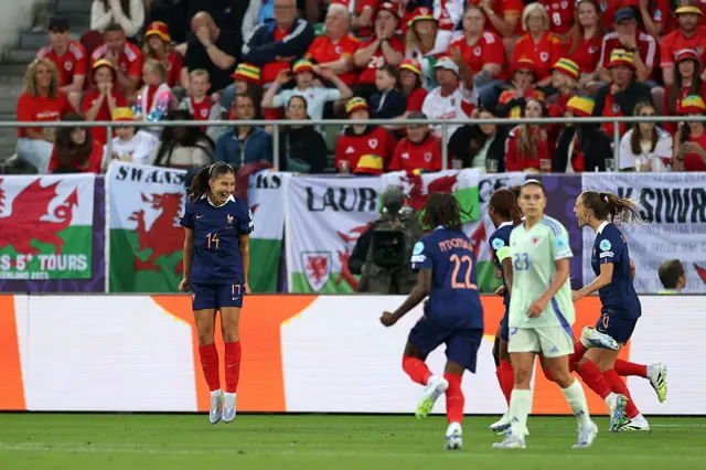 Clara Mateo of France celebrates scoring her team's first goal during the UEFA Womens EURO 2025 Group D match between France and Wales at Arena St. Gallen on July 09, 2025 in St Gallen, Switzerland.