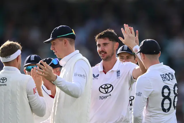 Josh Tongue of England celebrates with team mates after dismissing KL Rahul of India during Day Two of the 5th Rothesay Test Match between England and India at The Kia Oval on August 01, 2025 in London, England.