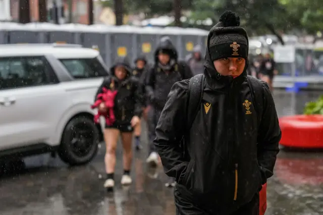 Wales players in rain