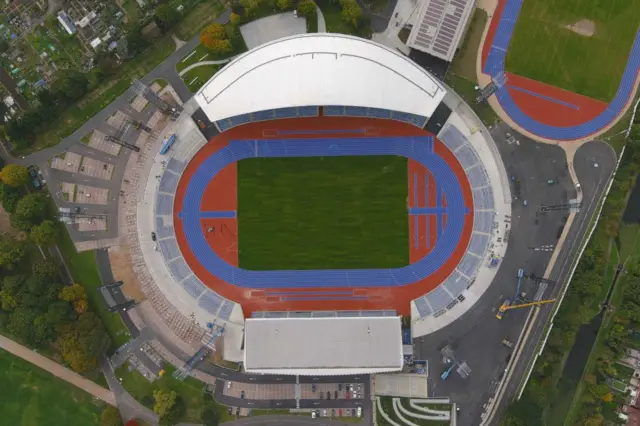A general overall aerial view of the track at Alexander Stadium