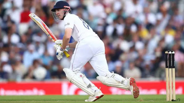 Harry Brook runs v India at The Oval.
