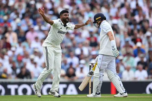 Mohammed Siraj of India appeals successfully for lbw against Joe Root of England, confirmed on review, during Day Two of the 5th Rothesay Test Match between England and India at The Kia Oval on August 01, 2025 in London, England.