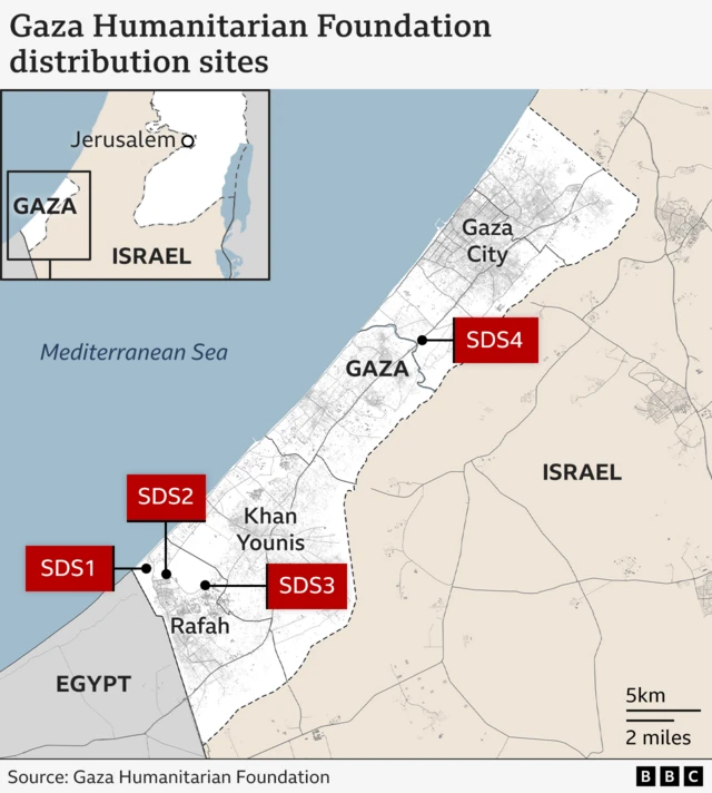 A BBC Graphic showing the locations of aid site sin Gaza.