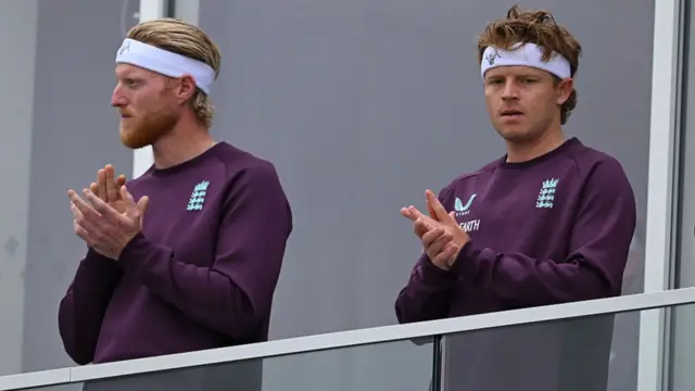 Ben Stokes and Ollie Pope clap for the acknowledgement of the money raised for 'A Day For Thorpey' in memory of Graeme Thorpe.