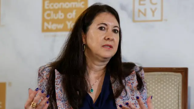 Federal Reserve Governor Adriana Kugler, who is seated, speaks to The Economic Club of New York.