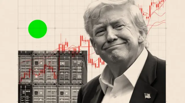 Black and white image of Donald Trump against a backdrop of shipping containers and a graph.