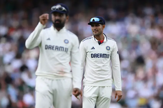 Captain Shubman Gill of India looks a bit shellshocked as England's opening batsmen race along at over 7 an over during Day Two of the 5th Rothesay Test Match between England and India at The Kia Oval on August 01, 2025 in London, England.