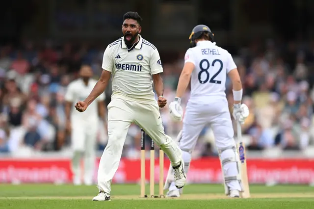Siraj celebrates the wicket of Bethell