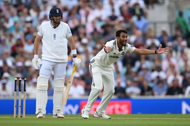 Prasidh Krishna of India appeals unsuccessfully for lbw against Jamie Overton of England during Day Two of the 5th Rothesay Test Match between England and India at The Kia Oval on August 01, 2025 in London, England.