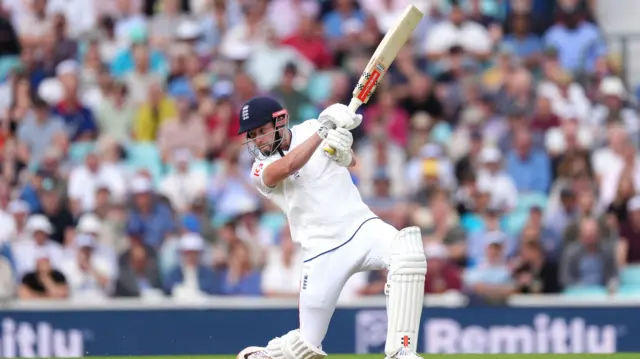 Gus Atkinson bats vs India at The Oval.
