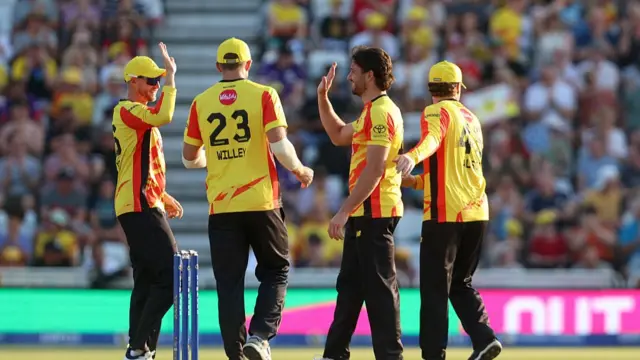 Marcus Stoinis of Trent Rockets celebrates with team mates after taking the wicket of Imad Wasim