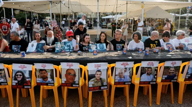 Family members of hostages in Gaza at a protest in Tel Aviv on 9 August