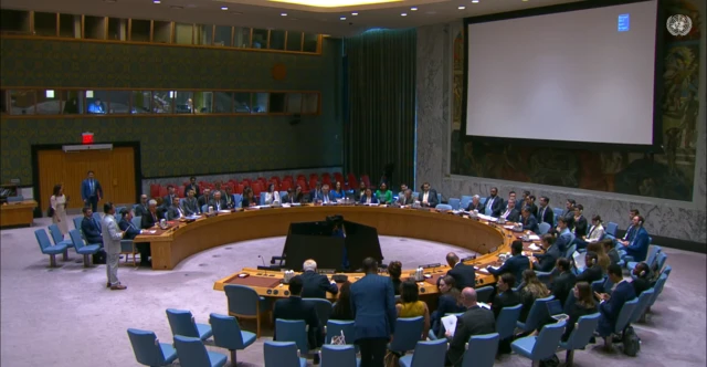 UNSC meets in a conference room at the New York headquarters.