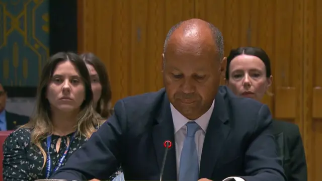 James Kariuki delivers remarks at the UNSC, he is sitting behind a microphone and flanked by other representatives.