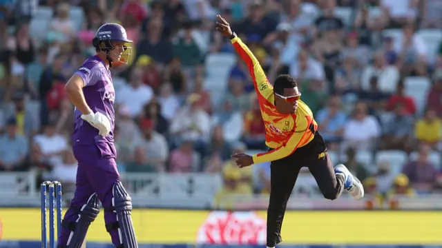 Akeal Hosein of Trent Rockets bowls during the The Hundred match between Trent Rockets Men and Northern Superchargers