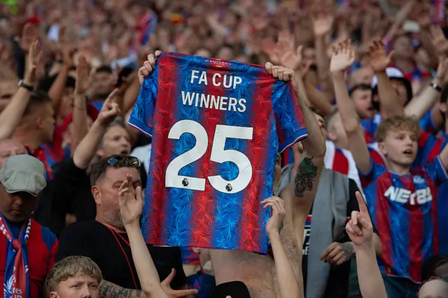 Crystal Palace fans holding up 'FA Cup winners 25' top at Wembley