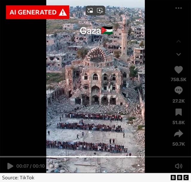 A screengrab with a label from BBC Verify saying "AI-generated"
