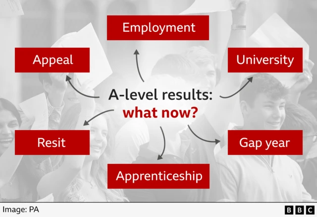 A mind map with a black and white picture of students smiling in the background. In the middle it says A-level results, what now? Then it has several boxes around the middle. These say resit, appeal, apprenticeship, gap year, employment and university