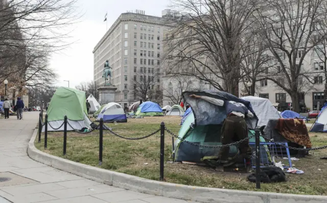 A homeless encampment in winter in DC
