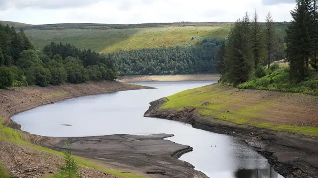 Low water levels at Howden Reservoir in Bamford, England