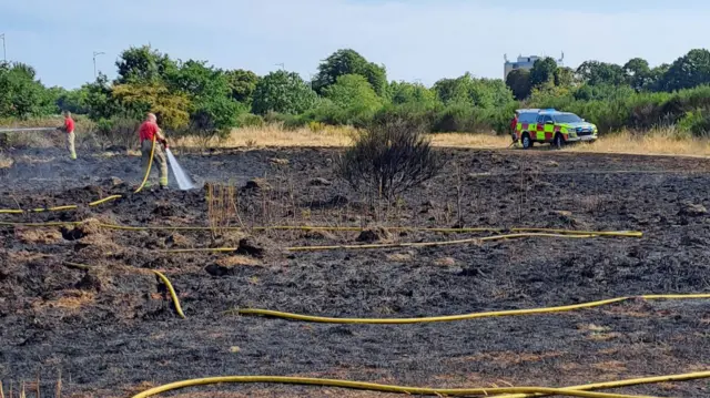 firefighters use hoses on damp, brown ground at Wanstead Flats