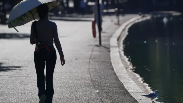 A woman walks along the waterside in Hyde Park shaded by an umbrella
