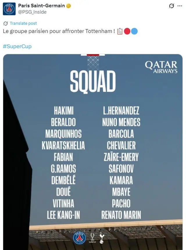 PSG's Super Cup squad does not include Donnarumma