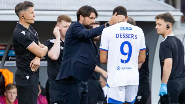 Rangers Cyriel Dessers (R) and Head Coach Russell Martin during a UEFA Champions League Third Round Qualifier, Second Leg, between Viktoria Plzen and Rangers at the Doosan Arena, on August 12, 2025, in Plzen, Czech Republic.