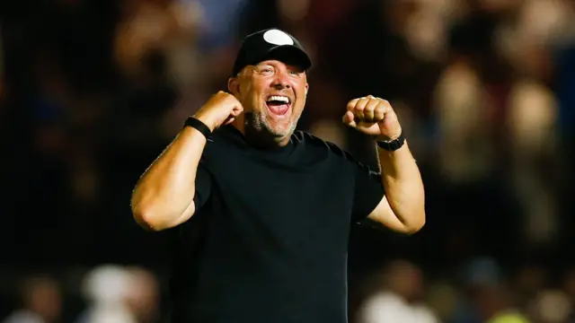 Bromley boss Andy Woodman celebrating their win over Ipswich