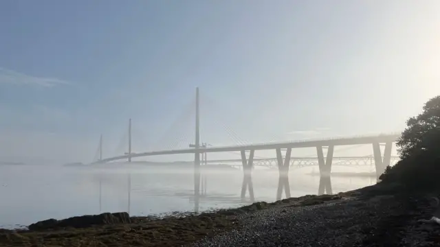 Queensferry bridges in the morning mist, taken from the shores of the Forth of Firth