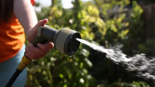 A woman using a hosepipe in a garden