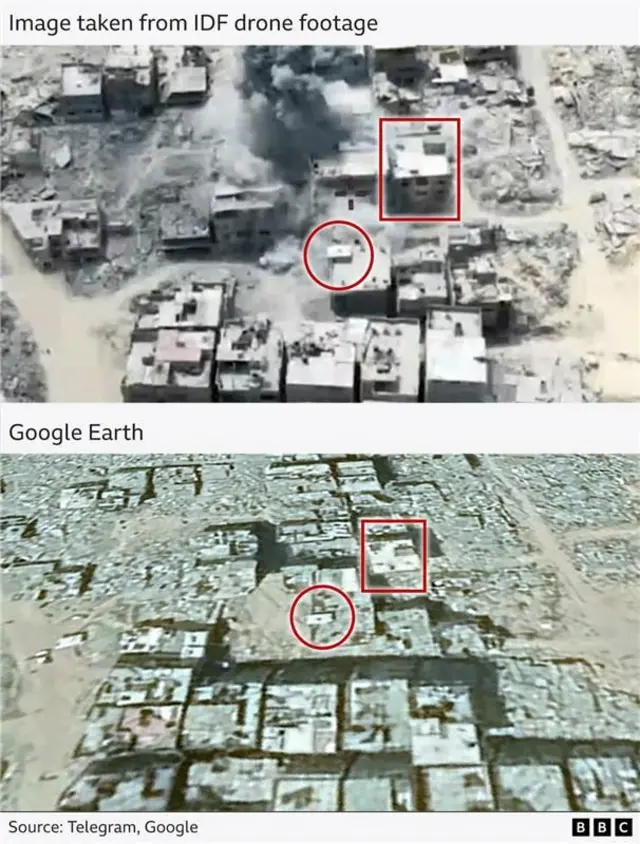 A still image taken from IDF drone footage. Below is an image from Google Earth. Annotations - in the form of a triangle and a circle - are used to show how we gelocated the footage by matching features like the shape of roof