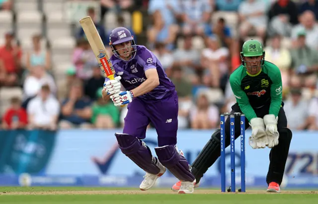 Harry Brook of Northern Superchargers bats as wicket keeper Laurie Evans