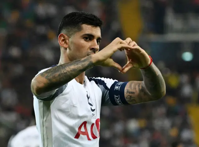 Romero makes a heart with his hands in celebration of his goal