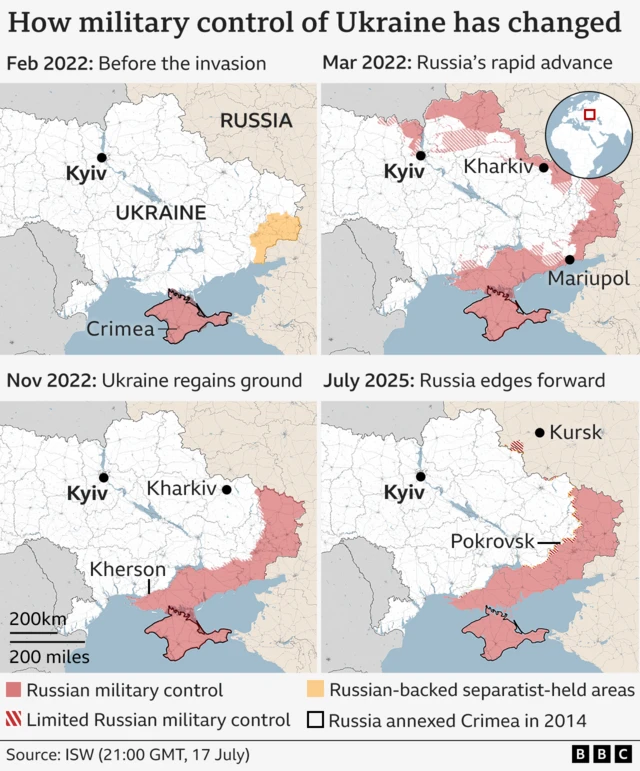 Maps showing how military control has changed in Ukraine from February 2022 to June 2025. It shows where has Russian military control, limited Russian military control and claimed Russian control.