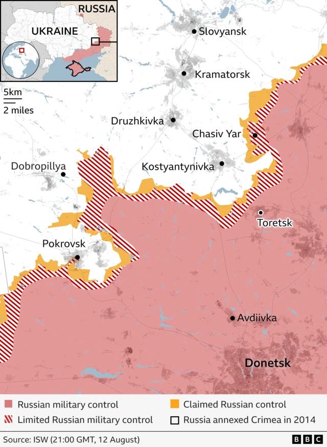 Map of Eastern Ukraine showing Russian Areas of control, limited Russian military control and claimed Russian control. Advances are marked around Pokrovsk in the Donetsk regoion.