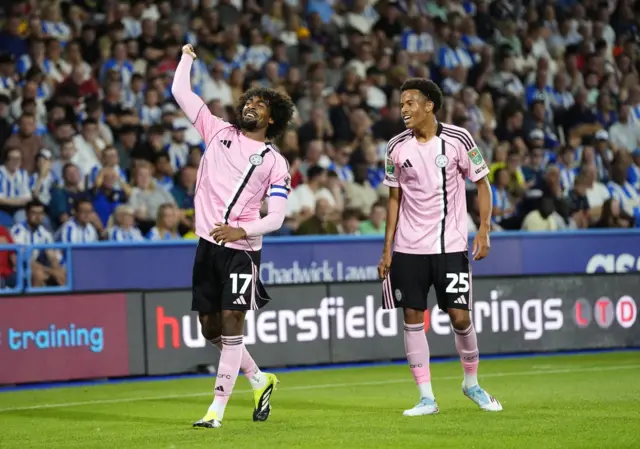 Leicester City's Hamza Choudhury (left) celebrates scoring their side's first goal of the gam